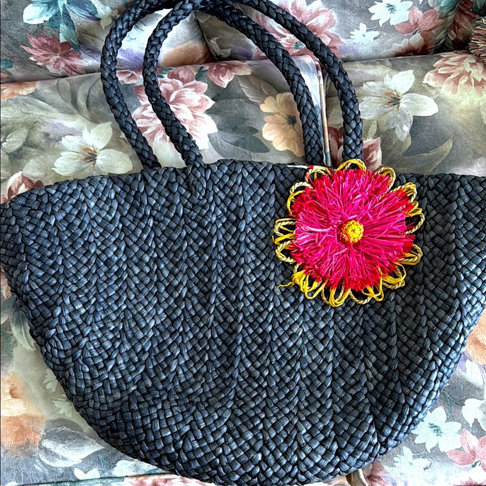 Black Woven Tote Bag with Pink Flower Charm